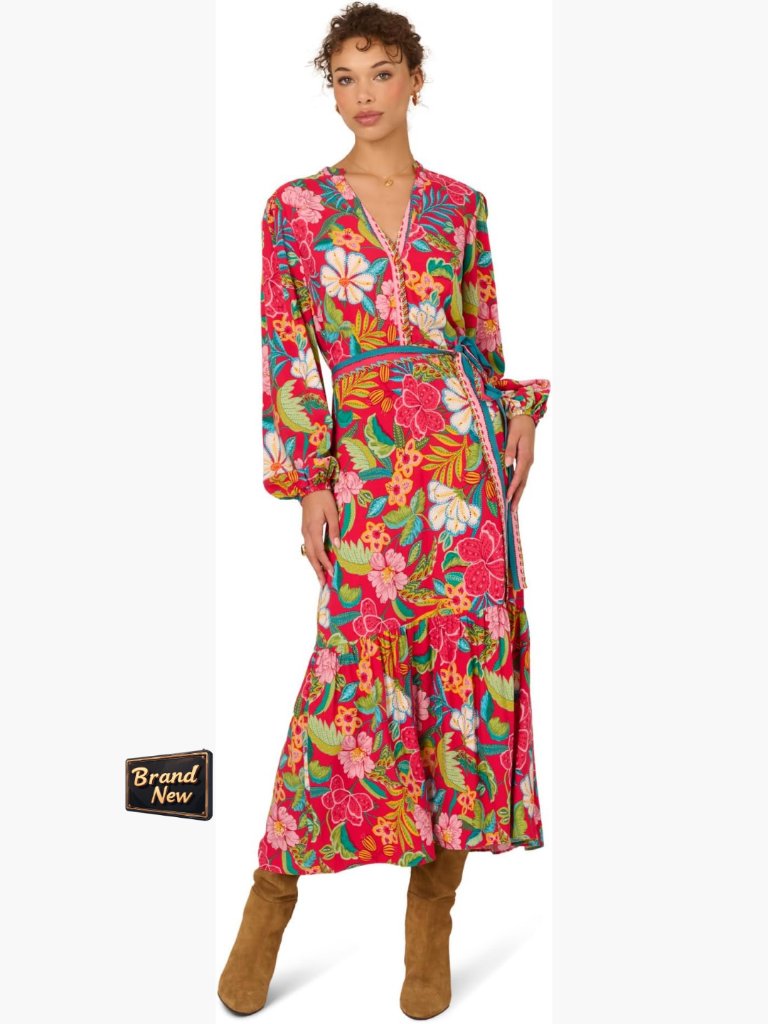 Viscose Floral Midi Dress With Long Sleeves And Ruffled Hem